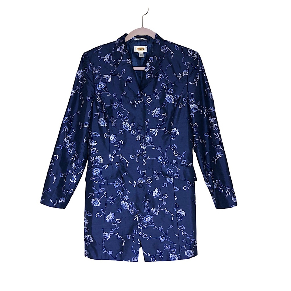TALBOTS  100% Pure Silk Periwinkle Blue Floral Womens Long Coat Blazer Jacket 8